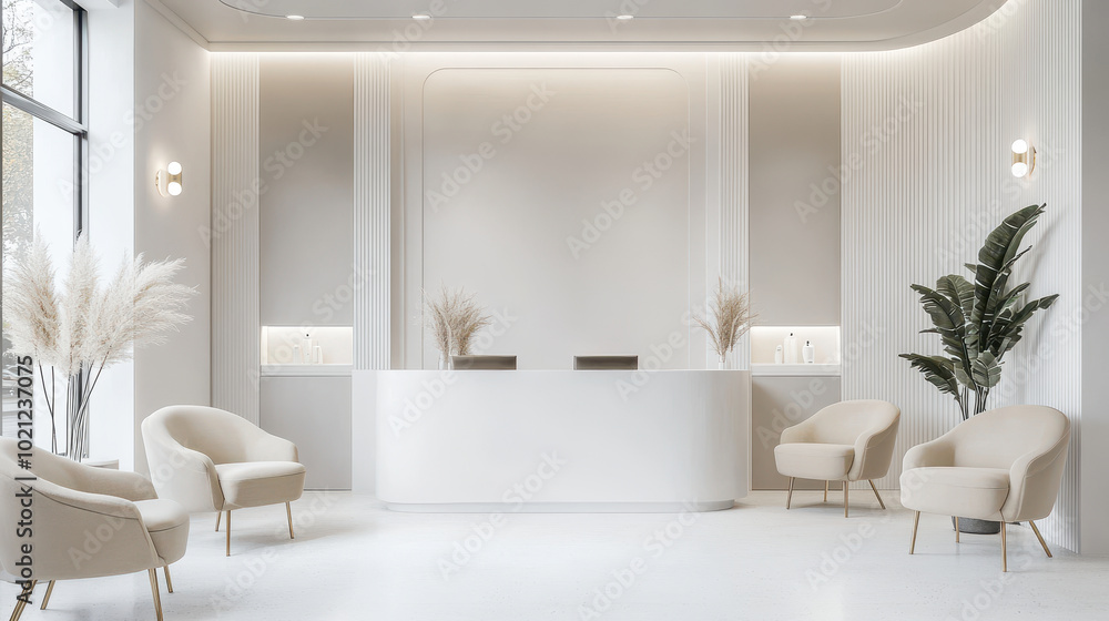 Fototapeta premium white luxury showroom with reception area, beige chairs in the waiting area