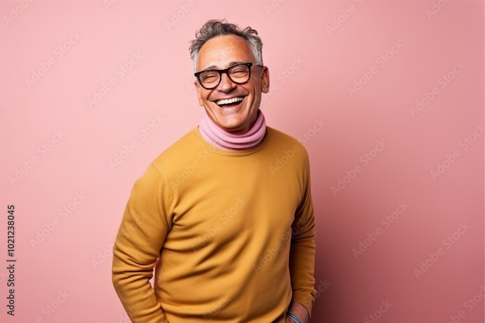 Handsome middle-aged man with glasses and a yellow sweater on a pink background Handsome middle-aged man with glasses and a yellow sweater on a pink background