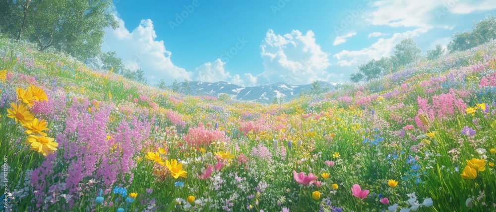 A vibrant field of wildflowers under a bright blue sky with fluffy clouds. A vibrant field of wildflowers under a bright blue sky with fluffy clouds.