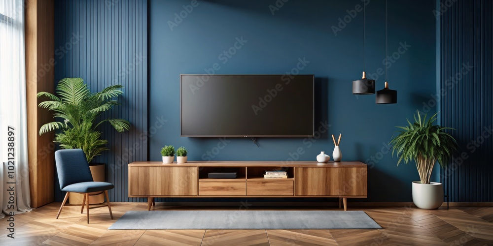 Modern living room interior design with wooden furniture, blue walls, and a flat screen television Modern living room interior design with wooden furniture, blue walls, and a flat screen television
