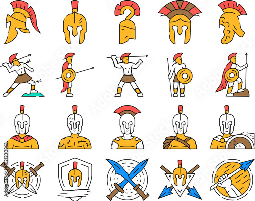 spartan warrior helmet icons set vector. roman sparta, battle armor, gladiator soldier, greek ancient, head centurion, knight spartan warrior helmet color Contour Illustrations