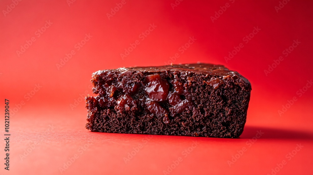 Close up of a rich Jamaican Black Cake slice with a rum-soaked fruit filling, isolated on a vibrant red background