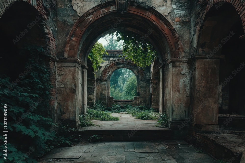 Abandoned Stone Archway in Tranquil Greenery Abandoned Stone Archway in Tranquil Greenery