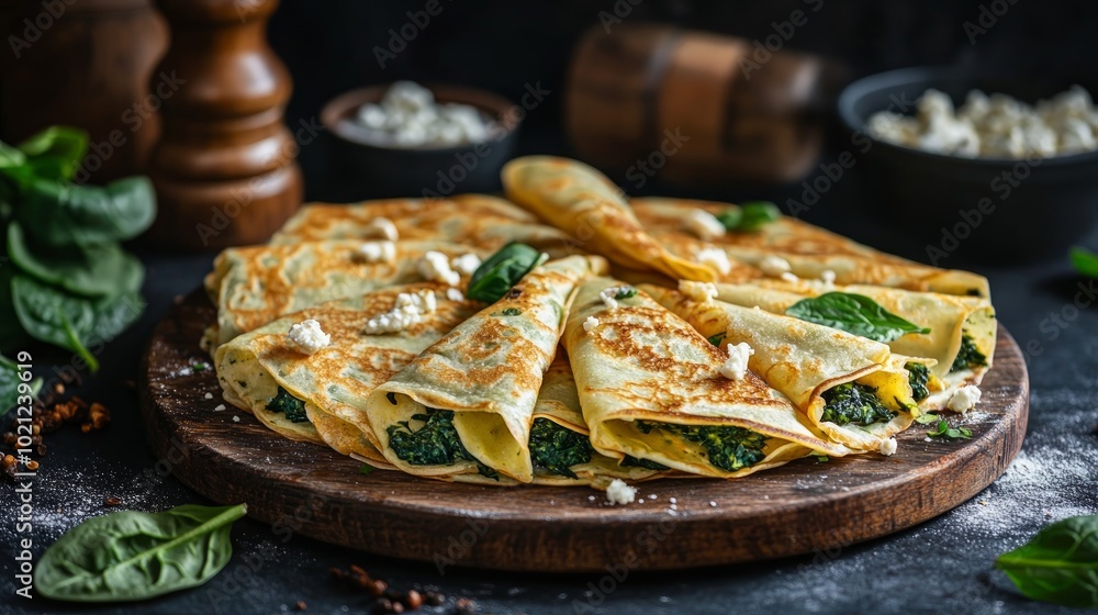 Delicious spinach and feta crepes on a wooden board. Delicious spinach and feta crepes on a wooden board.