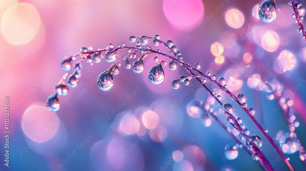 Dew drops on blades of grass with a blurry background of pink and purple bokeh. Dew drops on blades of grass with a blurry background of pink and purple bokeh.