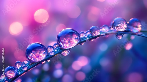 Dew drops on a grass blade with a blurred background of pink and purple lights.