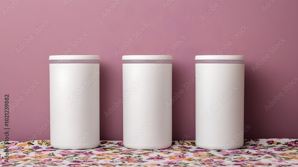 Three white containers sit on a table with a pink background Three white containers sit on a table with a pink background