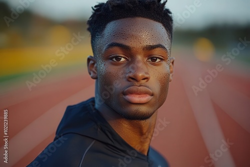 A young male athlete on a track gazing intently ahead, sweat glistening on his face as he embodies determination and a focused mindset, ready for athletic endeavors. photo