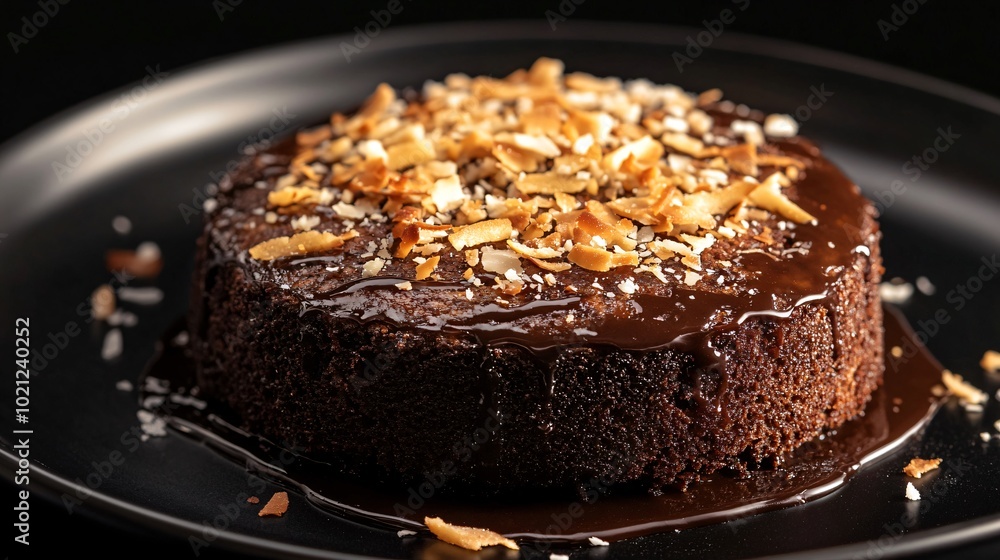 Jamaican Black Cake garnished with toasted coconut flakes, isolated on a glossy black background with minimal lighting Jamaican Black Cake garnished with toasted coconut flakes, isolated on a glossy black background with minimal lighting