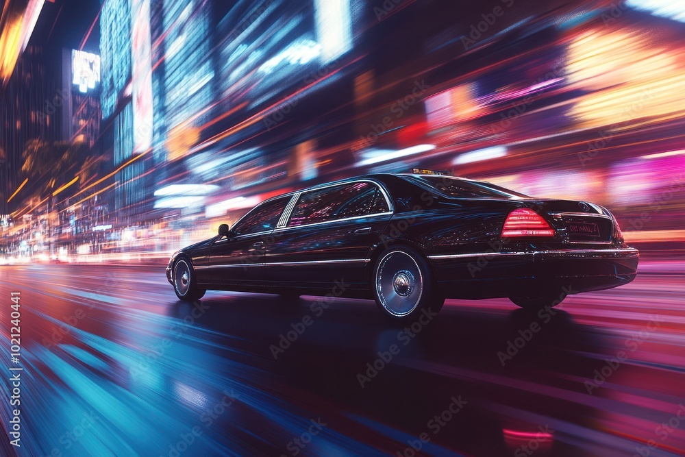 Sleek Black Limousine in Dynamic City Environment Sleek Black Limousine in Dynamic City Environment