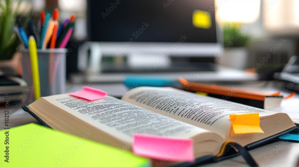 custom made wallpaper toronto digitalA non-fiction book on a desk, surrounded by research notes and highlighters, emphasizing its informative content