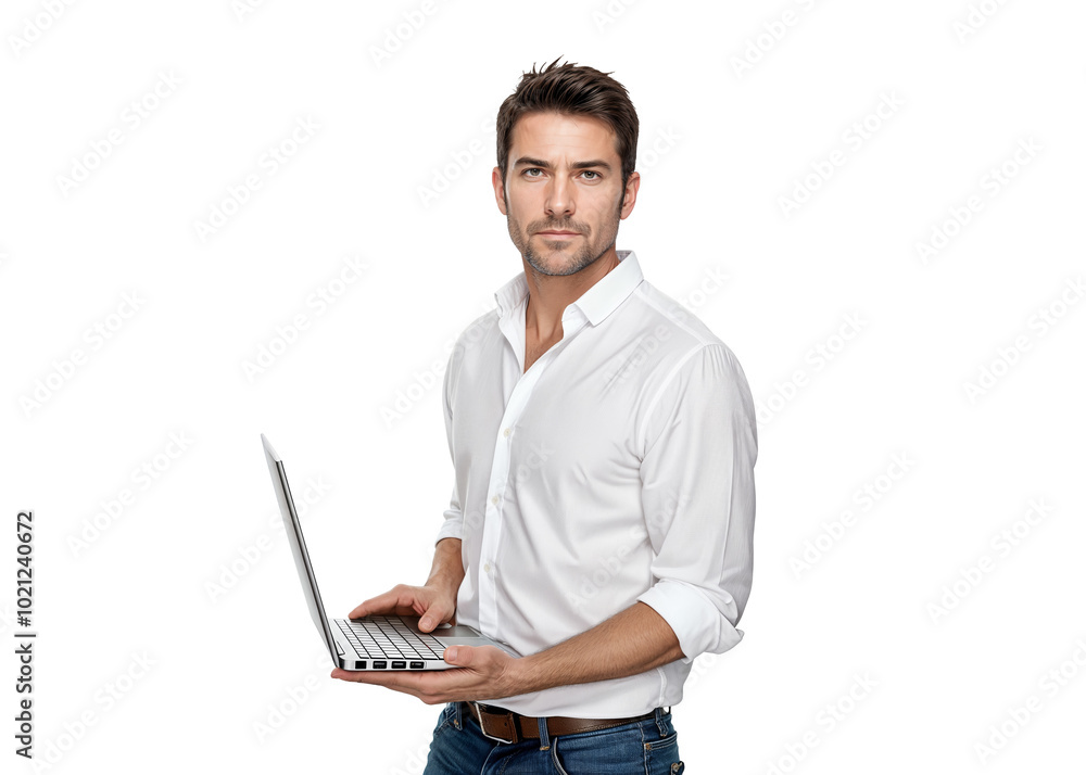 Serious Man in Casual Clothes Works on a Laptop. Isolated on Transparent Background. PNG. Serious Man in Casual Clothes Works on a Laptop. Isolated on Transparent Background. PNG.
