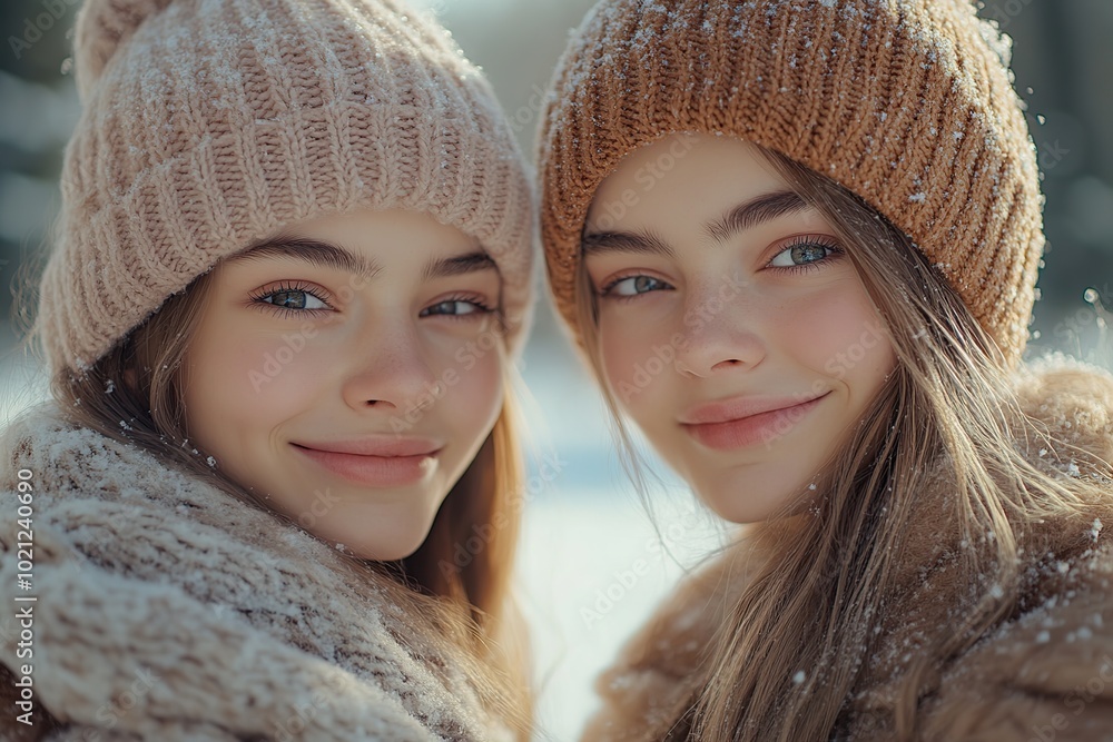 Portrait of beautiful young twins sisters dressed in warm clothes in winter park Portrait of beautiful young twins sisters dressed in warm clothes in winter park