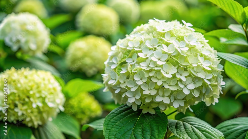 A delicate white hydrangea blossom surrounded by lush green foliage, showcasing the beauty of nature's simple elegance. A delicate white hydrangea blossom surrounded by lush green foliage, showcasing the beauty of nature's simple elegance.