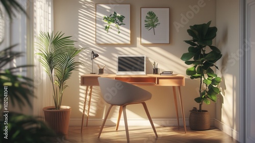 A minimalist home office setup designed for mental clarity and focus, featuring natural light and plants