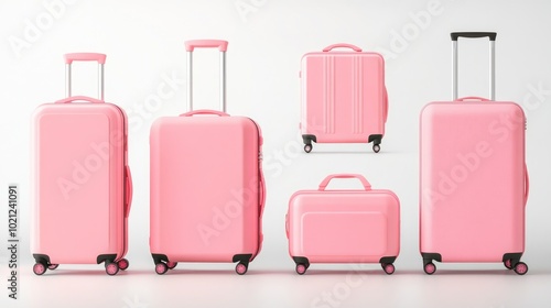 Five pink suitcases, one large, one medium, and three small, on a white background. photo