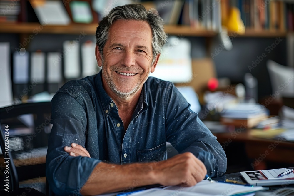 Portrait of a male technical writer smiling in his office Portrait of a male technical writer smiling in his office