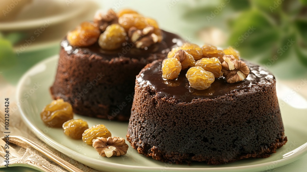 Jamaican Black Cake topped with golden raisins and walnuts, isolated on a soft green background with elegant silverware Jamaican Black Cake topped with golden raisins and walnuts, isolated on a soft green background with elegant silverware