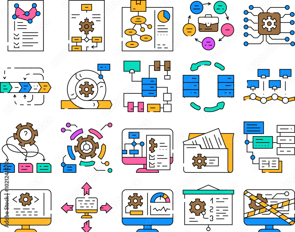 system analyst data business icons set vector. computer digital, financial technology, kpi information, analytics management, chart system analyst data business color Contour Illustrations system analyst data business icons set vector. computer digital, financial technology, kpi information, analytics management, chart system analyst data business color Contour Illustrations
