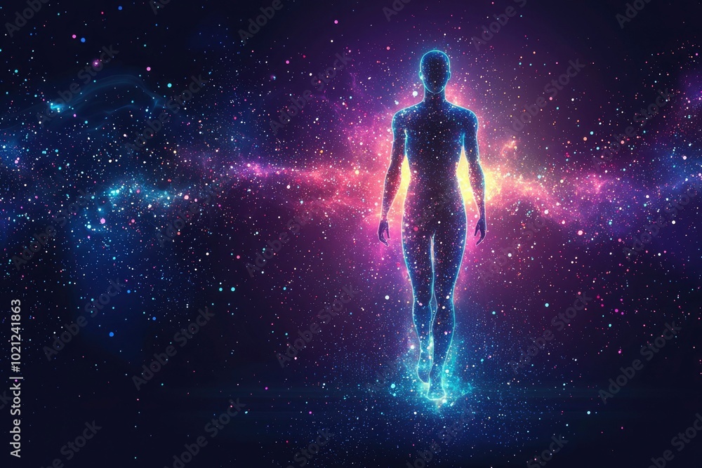 A Human Figure Made of Stardust and Light Walking Through a Galaxy A Human Figure Made of Stardust and Light Walking Through a Galaxy
