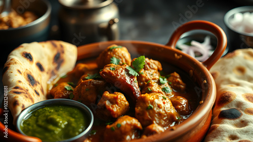 Chicken karahi served in a clay pot, accompanied by naan with a charred texture, and a bowl of tangy green chutney and sliced onions on the side photo