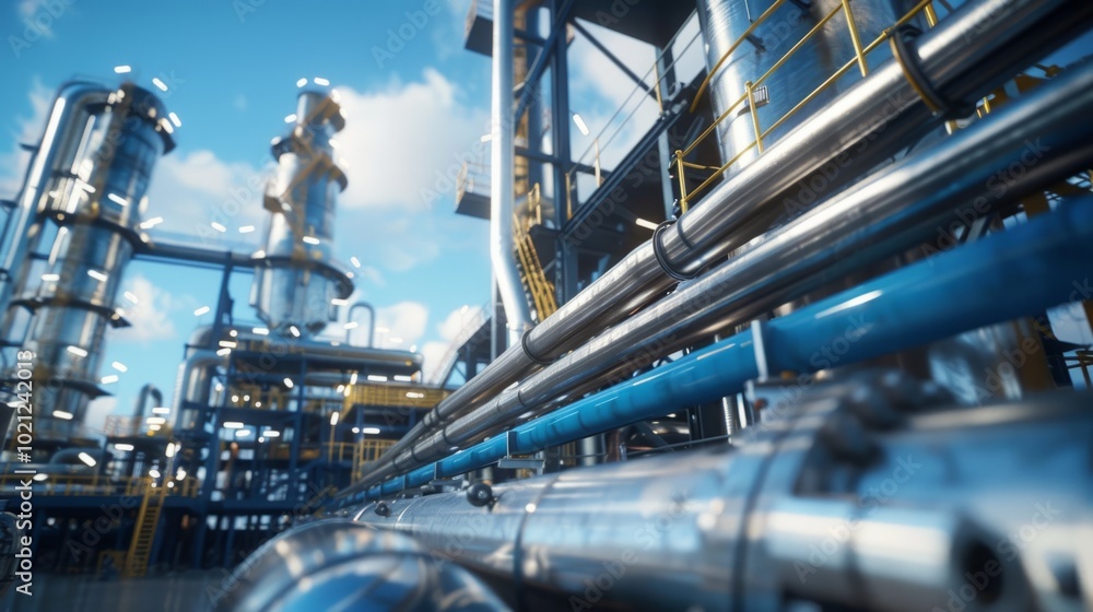 Industrial refinery infrastructure featuring complex piping against a clear blue sky during daytime Industrial refinery infrastructure featuring complex piping against a clear blue sky during daytime
