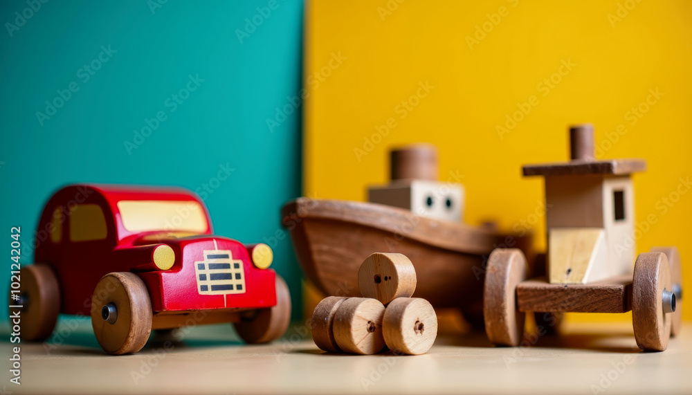 Fototapeta premium A nostalgic scene featuring vintage wooden toy car and boat against a vibrant colorful background, capturing the essence of childhood innocence and playful imagination.
