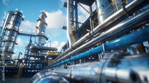 Industrial refinery infrastructure featuring complex piping against a clear blue sky during daytime