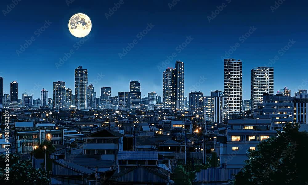 City skyline at night with full moon illustration with ai generated ...