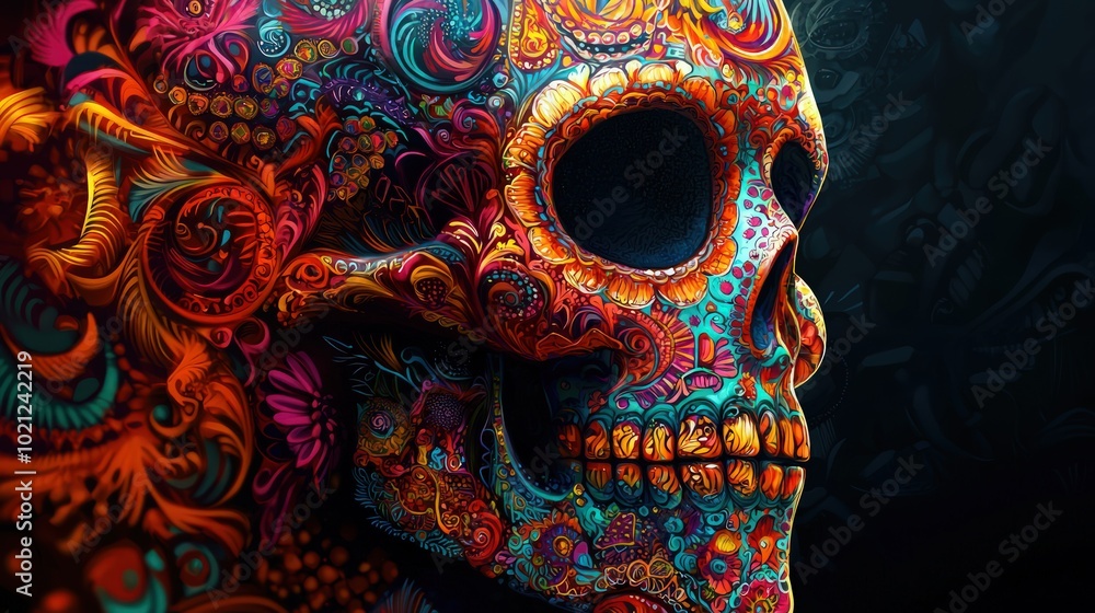 Naklejka premium Detailed artistic representation a Day the Dead sugar skull with intricate patterns, vivid colors, and a dramatic dark background