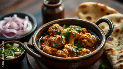 Chicken karahi served in a clay pot, accompanied by naan with a charred texture, and a bowl of tangy green chutney and sliced onions on the side photo