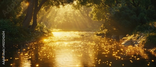 Sunlight filters through lush trees, casting a golden glow on the tranquil river below.