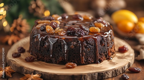 Jamaican Black Cake with rum syrup glaze, isolated on a rustic wooden background with dried fruits and nuts