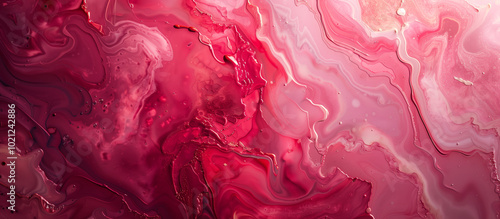 Abstract fluid art background featuring pink and red colors with liquid marble texture and swirling acrylic paint, perfect for wall decoration or mural print wallpaper