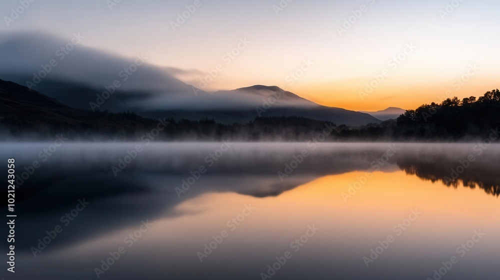 Fototapeta premium Morning mist rising from a tranquil lake, [lake morning mist], [subtle power of water]
