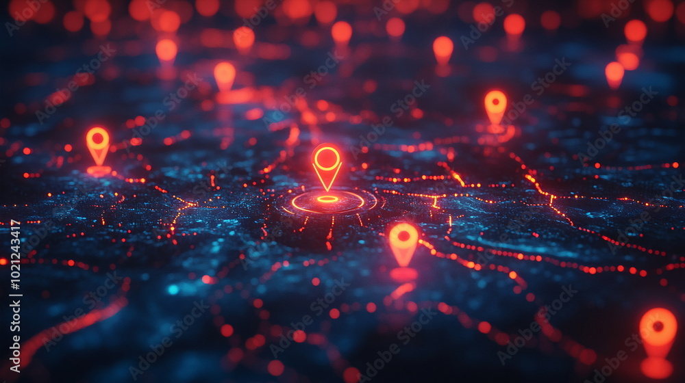 Digital Map with Glowing Location Markers in Futuristic City Digital Map with Glowing Location Markers in Futuristic City