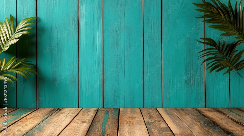 A vibrant turquoise wall with wooden flooring and green leaf accents creates a lively backdrop, perfect for interior design, summer-themed projects, or product photography, A vibrant turquoise wall with wooden flooring and green leaf accents creates a lively backdrop, perfect for interior design, summer-themed projects, or product photography,