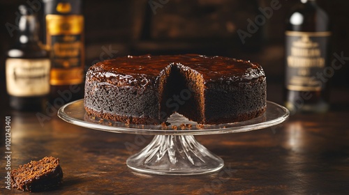 Rich and dense Jamaican Black Cake on a glass cake stand, isolated on a dark brown background with rum bottles in the background