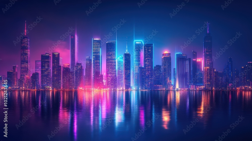 A vibrant city skyline illuminated by colorful lights reflecting on the water. A vibrant city skyline illuminated by colorful lights reflecting on the water.