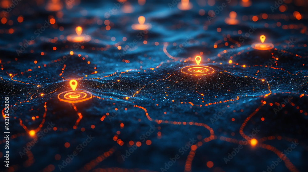 Digital Map with Glowing Location Markers in Futuristic City Digital Map with Glowing Location Markers in Futuristic City