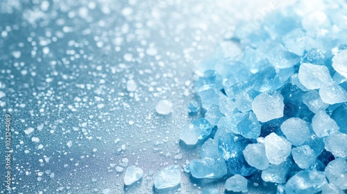 A close-up of glistening blue salt crystals on a reflective surface, ideal for beauty, spa, or culinary themes, perfect for branding and product promotion in related industries, photo