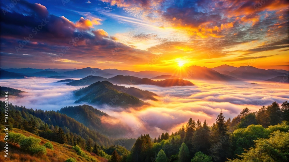 Obraz premium A Majestic Sunrise Over a Sea of Clouds, Bathing the Mountain Ranges in a Golden Glow, Creating a Serene and Breathtaking Landscape
