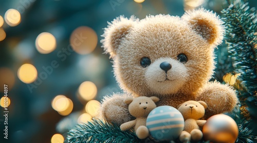 A cute teddy bear surrounded by festive ornaments, creating a warm and cheerful holiday atmosphere, Ideal for Christmas cards, decorations, and children's product promotions,