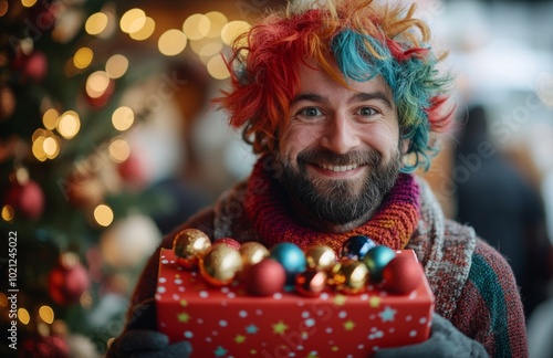 Funny Man Holding Gift Box with Festive Christmas Decor