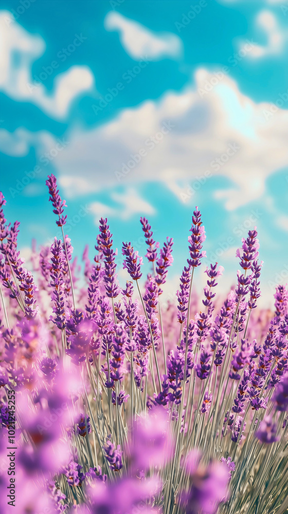 Naklejka premium A beautiful mobile background featuring lavender, with many lavender plants in a stunning summer meadow filled with purple flowers.