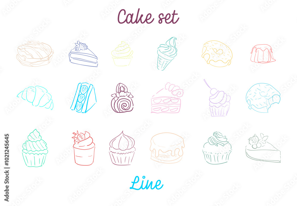 Set of colorful line dessert icons. Editable Stroke. popular sweet dishes pie, cake, cookies and ice cream. pancakes, milkshake, pudding and biscuit, honey, jam. Vector isolated elements. Set of colorful line dessert icons. Editable Stroke. popular sweet dishes pie, cake, cookies and ice cream. pancakes, milkshake, pudding and biscuit, honey, jam. Vector isolated elements.