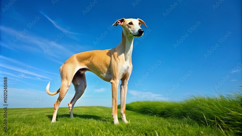 Beautiful golden whippet standing gracefully on a lush green lawn under a clear blue sky Beautiful golden whippet standing gracefully on a lush green lawn under a clear blue sky