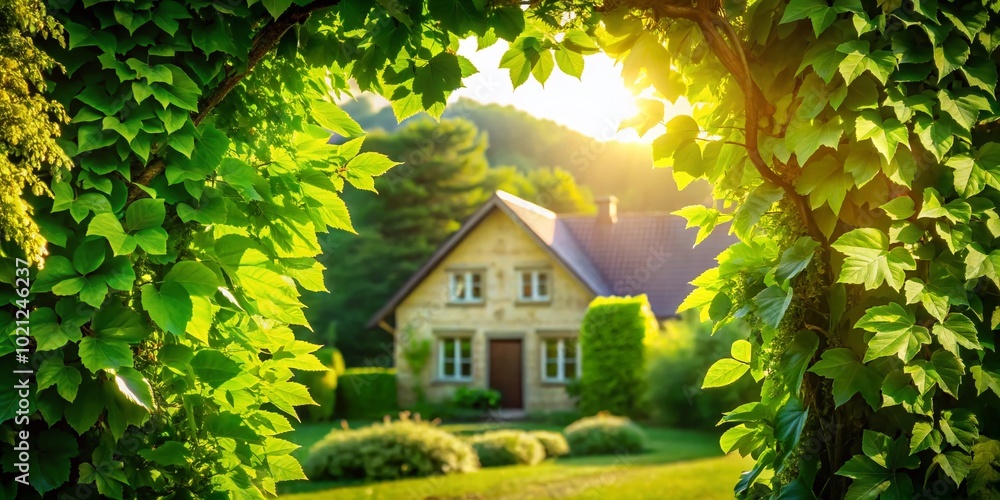 Beautiful green leaves framing a charming house in a serene natural setting during sunny weather Beautiful green leaves framing a charming house in a serene natural setting during sunny weather