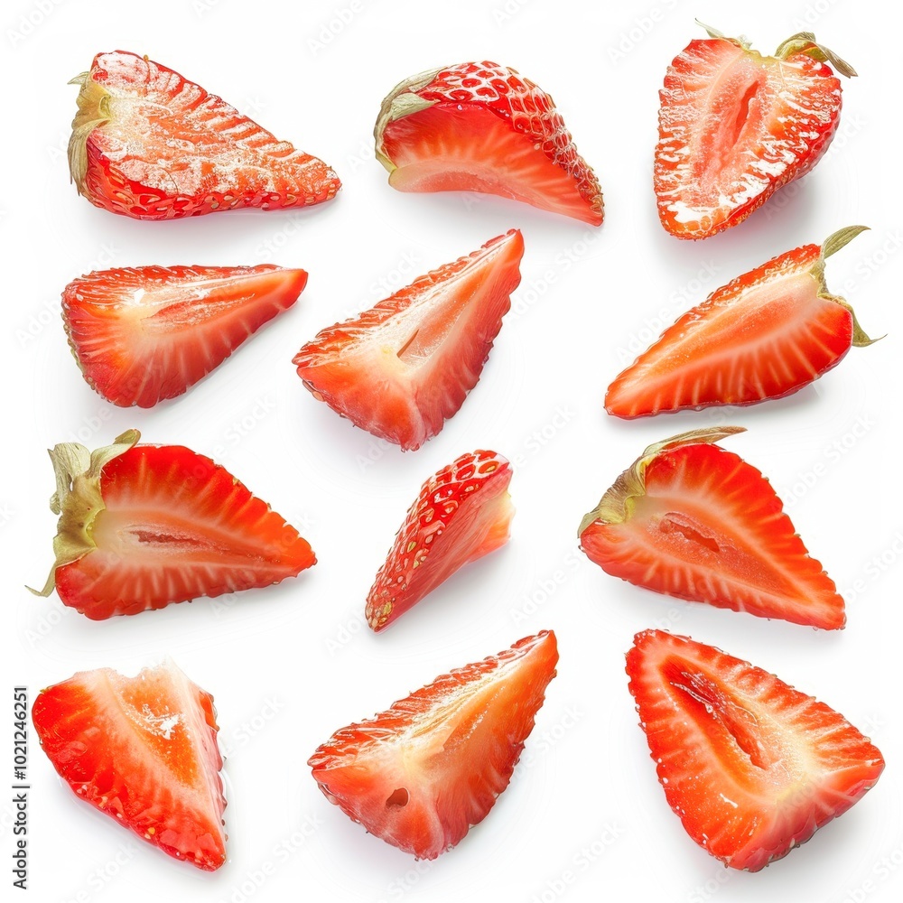 Fresh, vibrant strawberries cut into various shapes against a white background, ideal for culinary blogs, food advertisements, or health-related materials, showcasing freshness and flavor, Fresh, vibrant strawberries cut into various shapes against a white background, ideal for culinary blogs, food advertisements, or health-related materials, showcasing freshness and flavor,