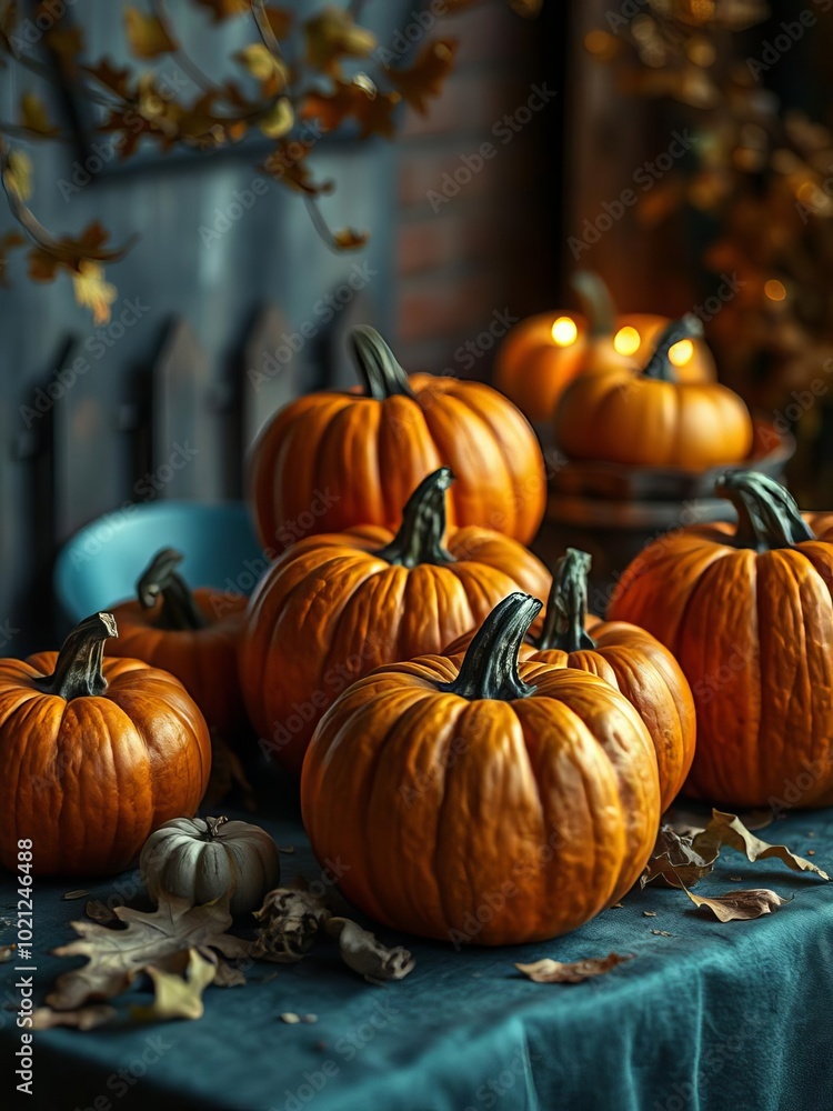 Pumpkins on a table with autumn leaves halloween backdrop Pumpkins on a table with autumn leaves halloween backdrop